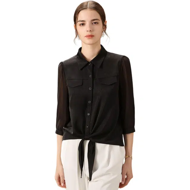 粉红玛琍 纯色翻领合身七分袖衬衫 女款 黑色