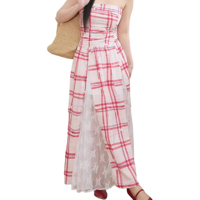 小卷要加油 法式甜辣设计感格纹抹胸性感收腰气质长裙无袖连衣裙 女款