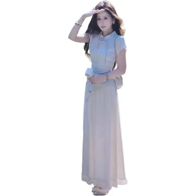 敲模女孩 新中式国风禅意高级感气质盘扣短袖上衣高腰垂感半身裙裙装套装 女款