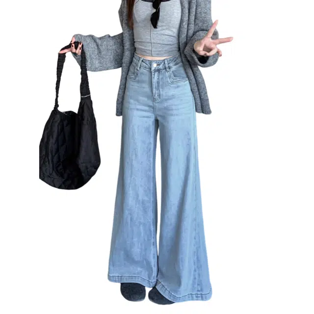 北极绒 辣妹高腰宽松拖地裤复古水洗牛仔裤 女款