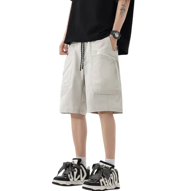 加荣 夏季薄款潮牌透气宽松拉链多口袋直筒休闲裤五分裤青少年日常通勤运动纯色抽绳系带百搭舒适工装短裤 男女同款