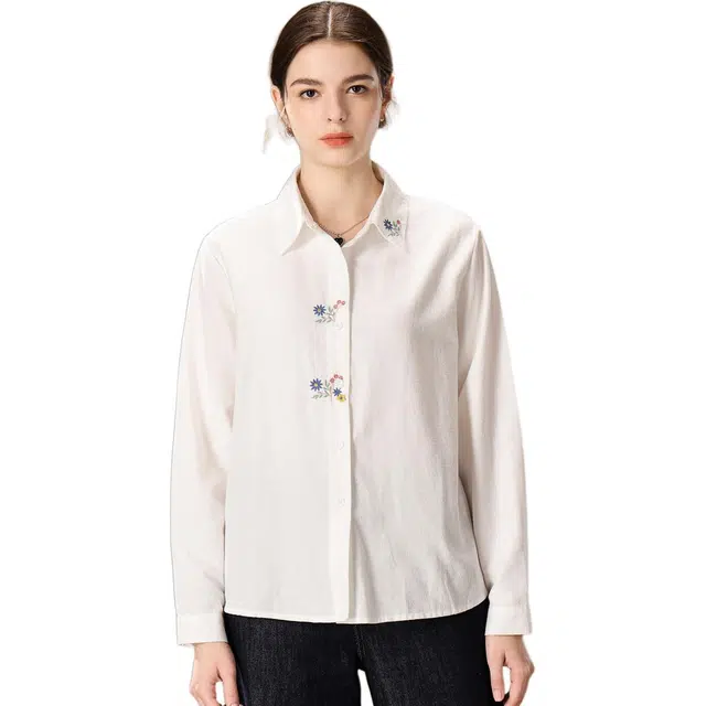 粉红玛琍 纯色时尚简约翻领宽松长袖衬衫 女款 白色