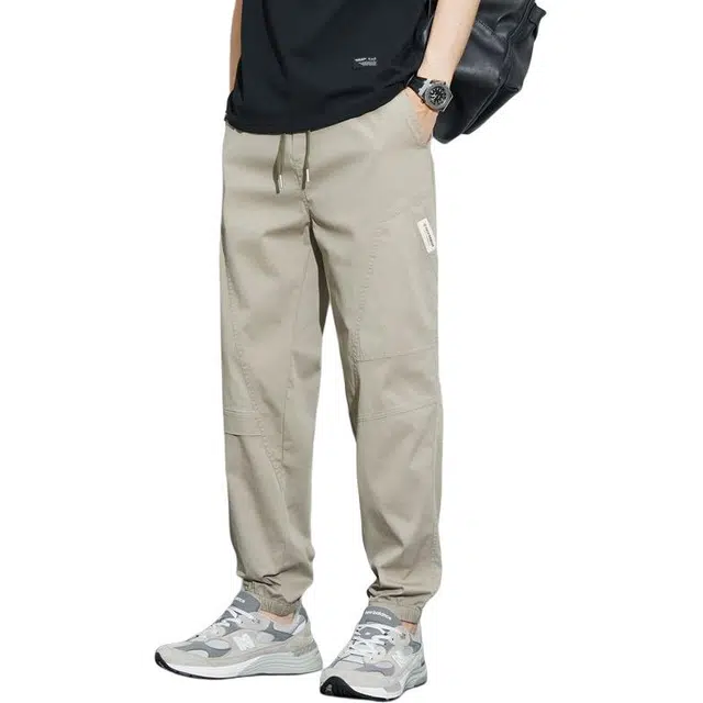 潮人榜 美式高街松紧腰抽绳系带拼接小众设计感百搭潮牌束脚哈伦简约工装运动休闲裤 男款