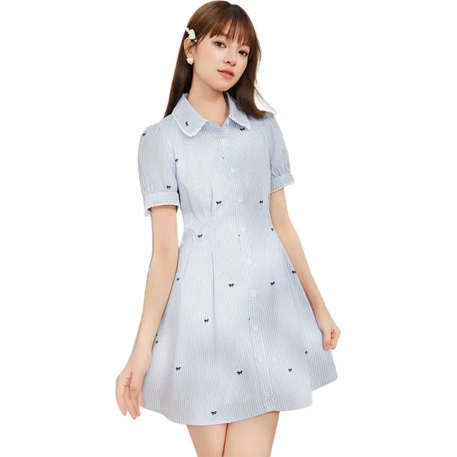 爱依服 甜美减龄学院风条纹六分袖立领衬衫裙短袖连衣裙 女款