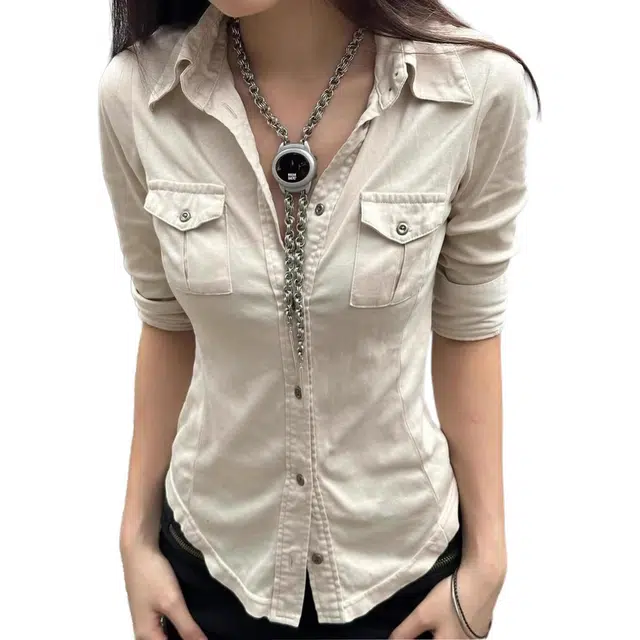 小卷要加油 纯色工装风口袋翻领排扣五分袖百搭修身短袖衬衫 女款