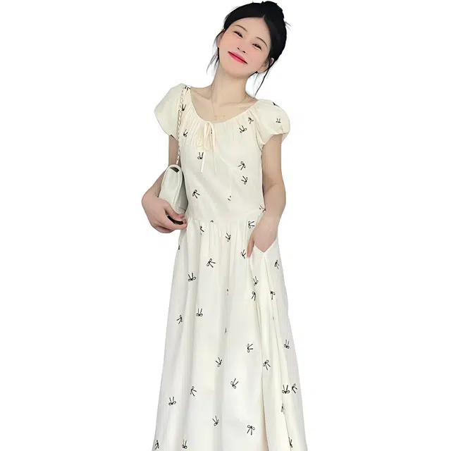 水中花 法式气质收腰长裙碎花短袖连衣裙 女款