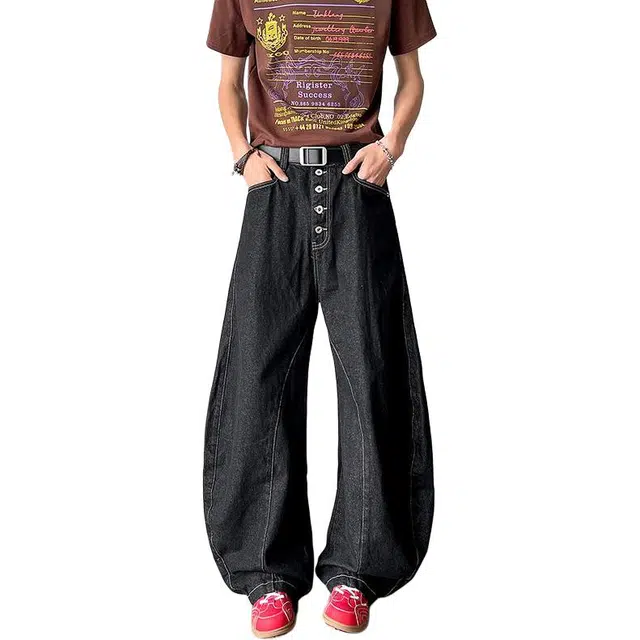 宝米卡 美式复古设计感解构弯刀宽松时尚舒适潮流牛仔裤 男女同款 黑色