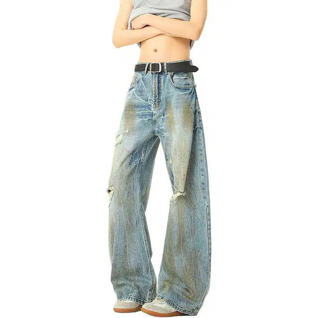 沃马 美式高街水洗做旧泥染破洞复古重工装裤牛仔裤 男女同款 蓝色