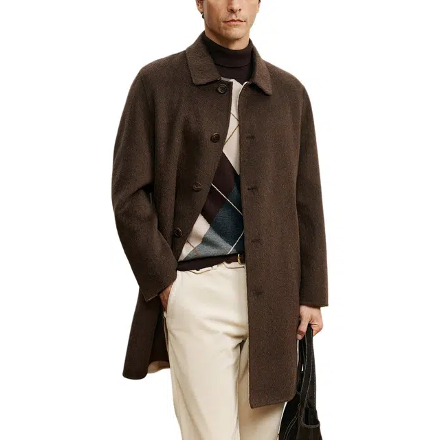 丹宁哲学 高端驼绒羊绒混纺纯色常规长袖翻领大衣 男款