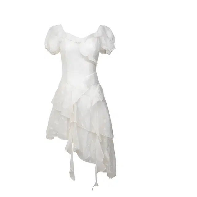 小卷要加油 法式不规则荷叶边简约舒适短袖连衣裙 女款