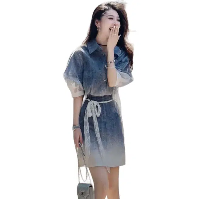 水中花 设计款渐变时尚收腰短袖连衣裙 女款