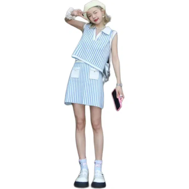 哒头下雨不愁 条纹针织背心无袖上衣修身别致半身短裙两件套裙装套装 女款