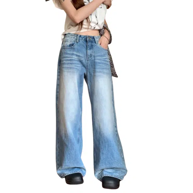 北极绒 撞色水洗宽松夏季垂感高腰阔腿裤百搭拖地长裤牛仔裤 女款