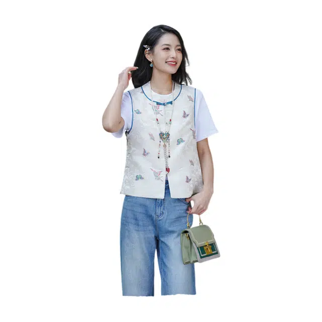 荟萃阁 新中式国风改良小圆领盘扣无袖马甲 女款