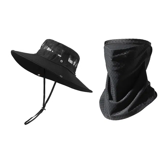 南极人 大帽檐登山帽夏季户外西部牛仔帽徒步钓鱼爬山遮阳太阳帽防晒面罩冰丝口罩遮全脸护颈脖套速干透气 轻薄款 渔夫帽 男款