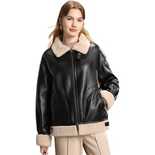 粉红玛琍 翻领宽松短款长袖夹克外套 女款 燕麦/黑