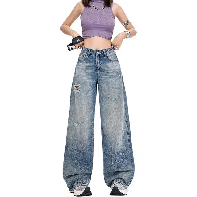 如续 美式破洞女复古破坏宽松水洗直筒阔腿裤拖地裤设计百搭时尚牛仔裤 女款