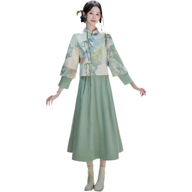 荟萃阁 新中式植物花卉简约九分袖百搭优雅通勤裙装套装 女款