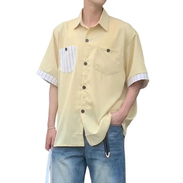 冈哉 美式复古条纹拼接拼色冰丝设计纯色衬衣时尚潮流百搭宽松少年感休闲翻领上衣短袖衬衫 男女同款