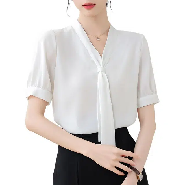 缪斯的诱惑 气质飘带夏季雪纺上衣高级感衬衣短袖衬衫 女款