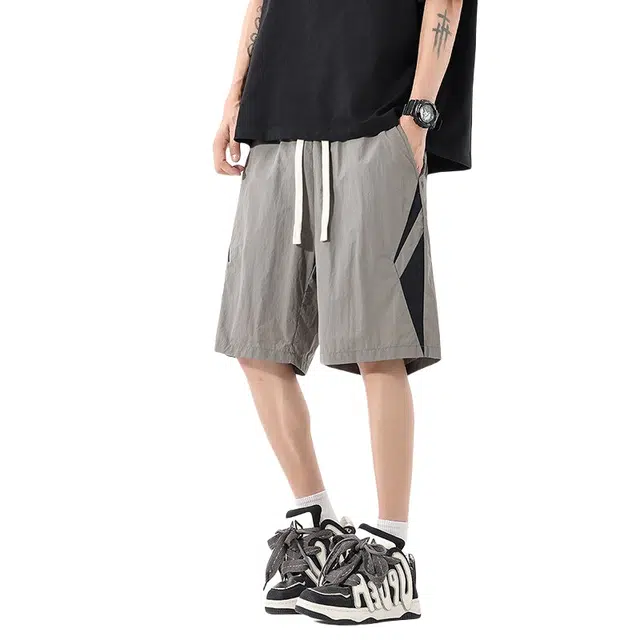 加荣 美式潮牌速干透气轻薄青少年运动跑步沙滩五分中裤撞色拼接松紧腰抽绳系带休闲短裤 男女同款