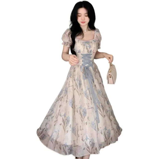 水中花 茶歇法式温柔风方领碎花收腰甜美印花短袖连衣裙 女款