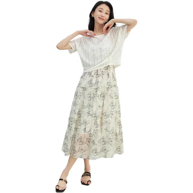 熙然 宽松针织短袖圆领上衣通勤简约连衣裙两件套裙装套装 女款