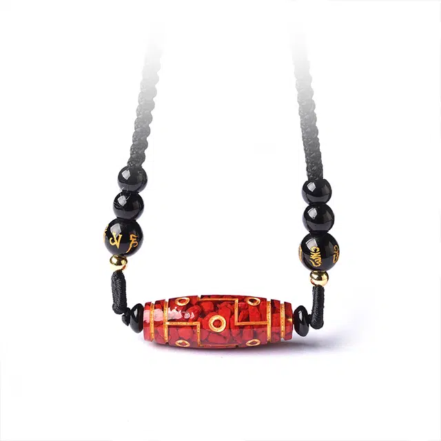 灵菲 九眼天珠吊坠真品高含量原矿晶体砂 毛衣链古法烫金吉祥饰 朱砂 项链 男款