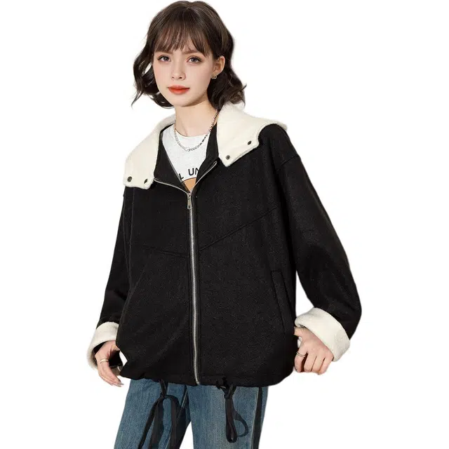 法文箱子 纯色时尚简约舒适百搭长袖连帽夹克外套 女款