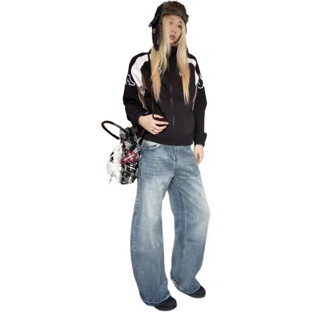 拓菲 水洗弯刀美式复古宽松长裤子牛仔裤 男女同款