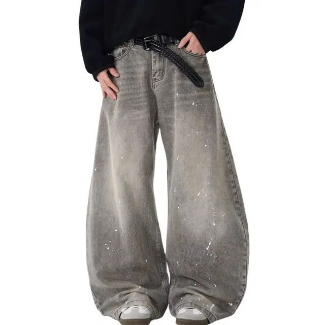 沐诚阳译 复古水洗做旧泼墨弯刀潮牌美式街头宽松牛仔裤 男女同款