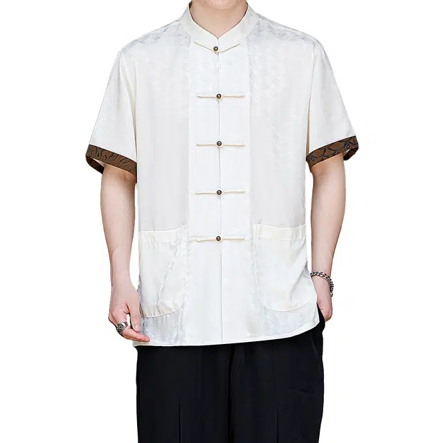 加荣 新中式冰丝短袖衬衫男夏季轻薄透气潮牌青少年日常出行通勤百搭小众高级感唐装汉服提花盘扣上衣 男女同款