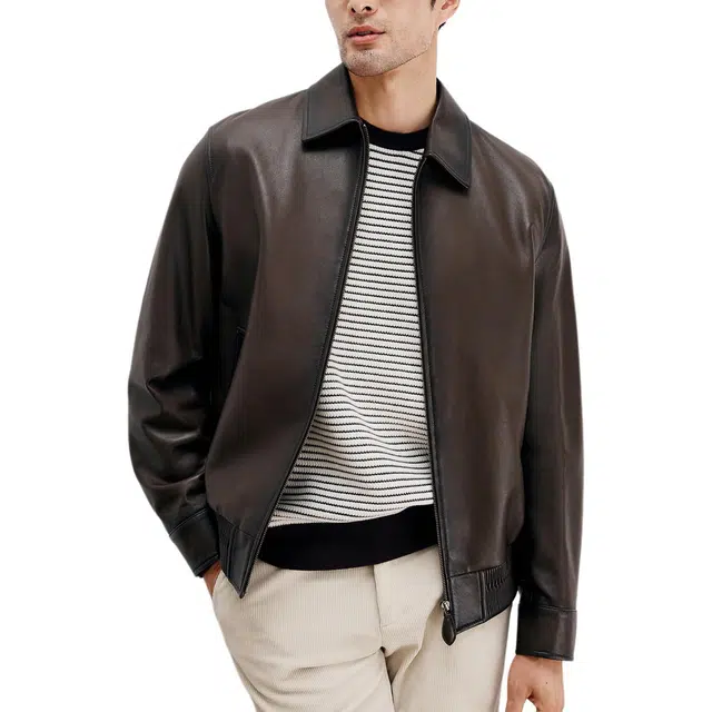 丹宁哲学 绅士绣花松紧下摆纯色翻领直筒型皮衣 男款