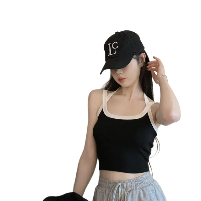 怪力萝莉 纯欲挂脖交叉吊带美背一体式裹胸外穿打底短款上衣女运动背心 女款