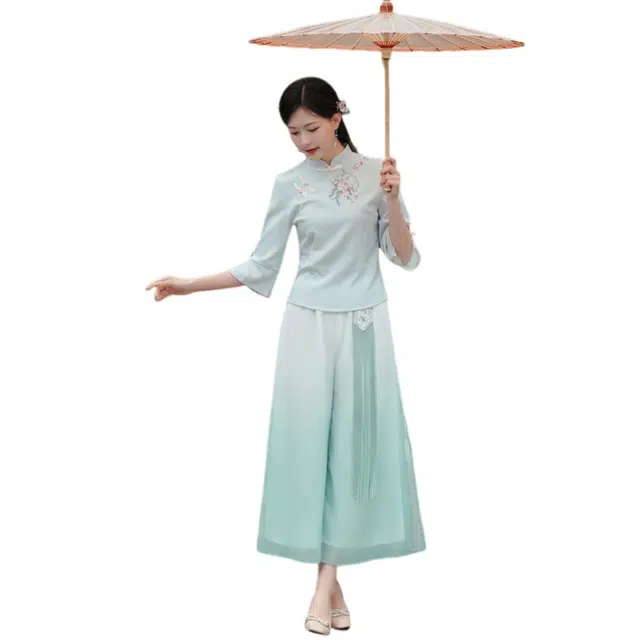 丝絮丝绸 新中式国风刺绣斜襟七分袖上衣雪纺大摆半身裙裙装套装 女款