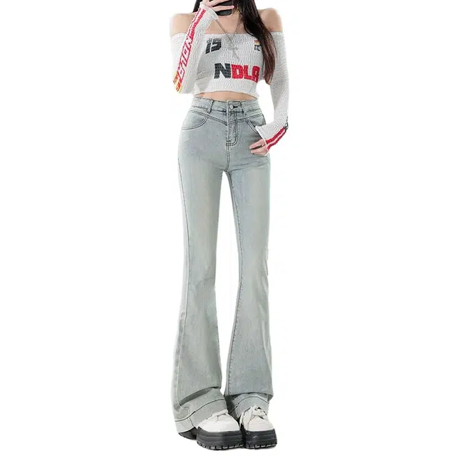 怪力萝莉 高腰弹力喇叭裤修身百搭设计感牛仔裤 女款 浅蓝长裤