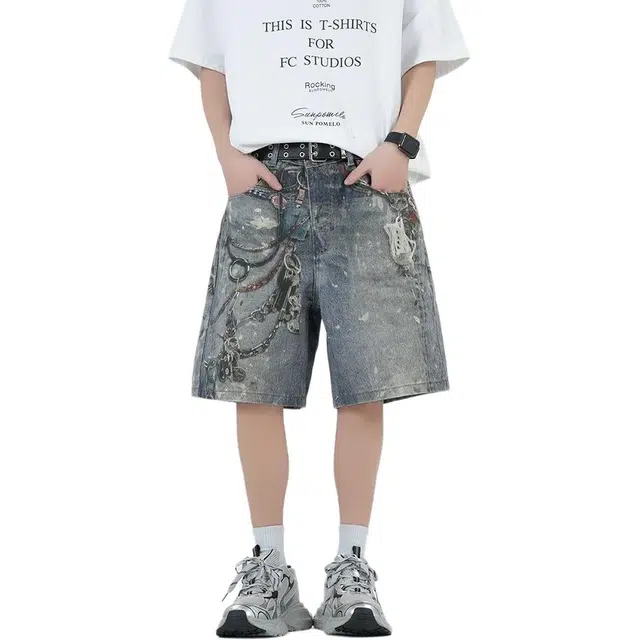 宝米卡 美式街头休闲舒适时尚简约中腰宽松适中拉链无弹力五分牛仔短裤 男女同款 复古蓝