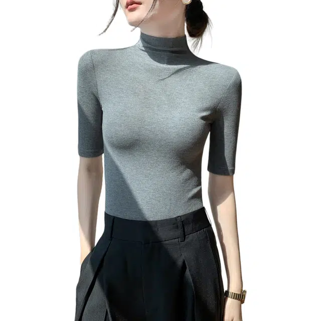 黑恐龙 纯色半高领打底气质修身五分袖针织衫 女款 深灰色