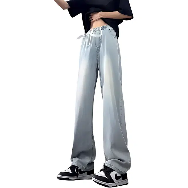 单爵 美式冰丝夏季薄款直筒垂感裤子抽绳牛仔裤 男女同款