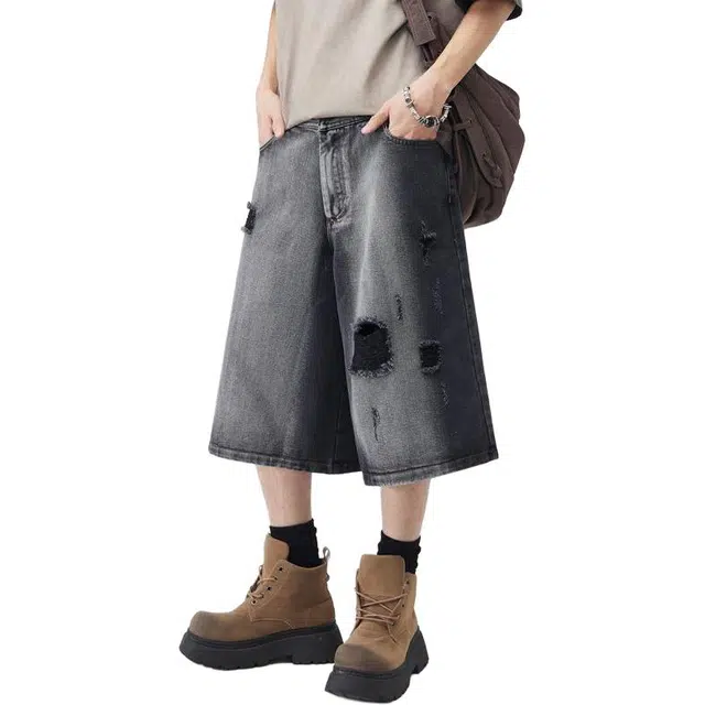 隐狼世家 水洗破洞复古工装百搭纯色宽松潮牌牛仔短裤 男款 黑灰色