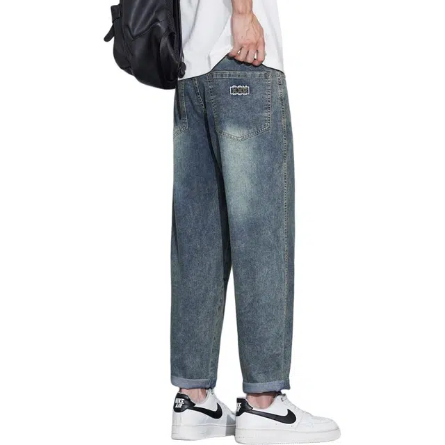 协协乐 复古水洗男夏季薄款美式潮牌宽松直筒天丝锥形萝卜裤百搭设计感休闲九分长裤牛仔裤 男款