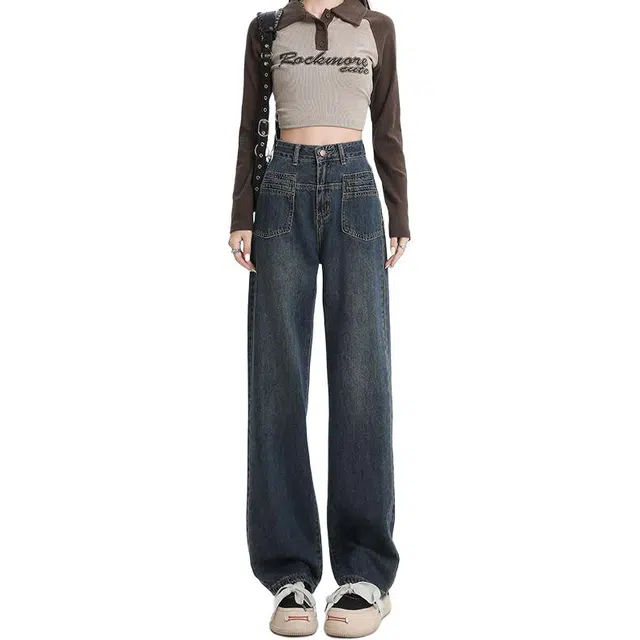 么宁 高腰窄版直筒宽松垂感显瘦拖地裤牛仔裤 女款 复古蓝