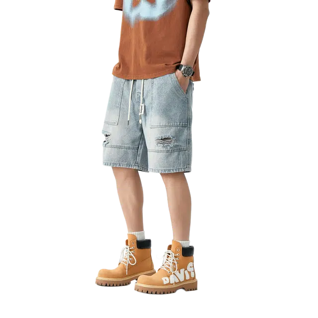 敦煌博物馆 美式复古渐变宽松结构松紧腰绳舒适薄款运动百搭休闲五分牛仔短裤 男女同款