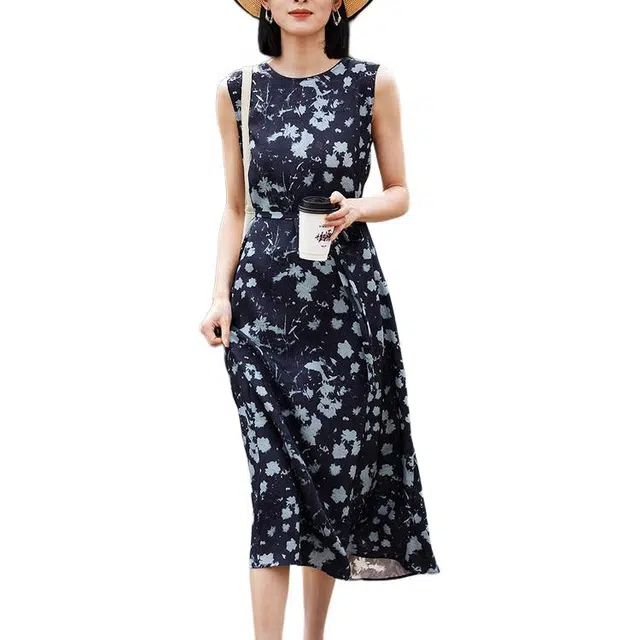 水中花 法式优雅时尚气质高级感碎花百搭无袖连衣裙 女款