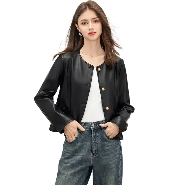 她池 圆领单排扣长袖甜酷宽松气质短款截短外套 女款 黑色