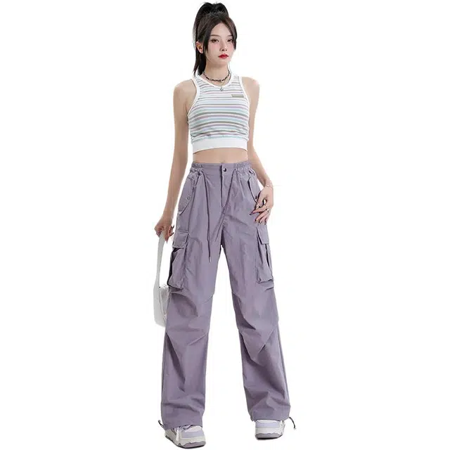 玫丝朵 美式复古多口袋设计时尚百搭宽松直筒束脚工装裤 女款