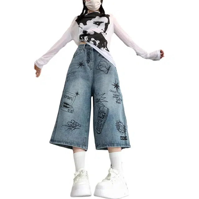 如续 美式复古街头涂鸦印花夏季宽松潮牌七分短裤牛仔裤 女款