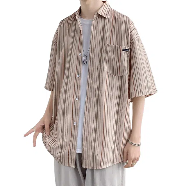 轻迎 日系复古条纹潮牌宽松休闲短袖衬衫 男款