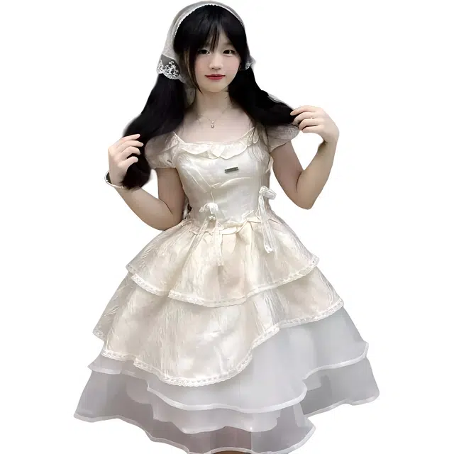 水中花 初恋甜美在逃公主蛋糕裙收腰蓬蓬裙短裙小个子短袖连衣裙 女款