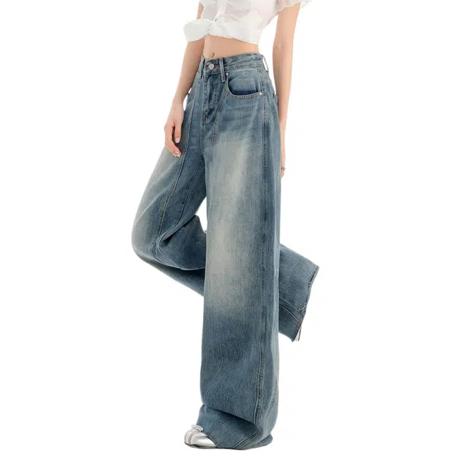 黑恐龙 美式复古水洗直筒阔腿休闲宽松百搭透气亲肤拖地慵懒时尚牛仔裤 男女同款